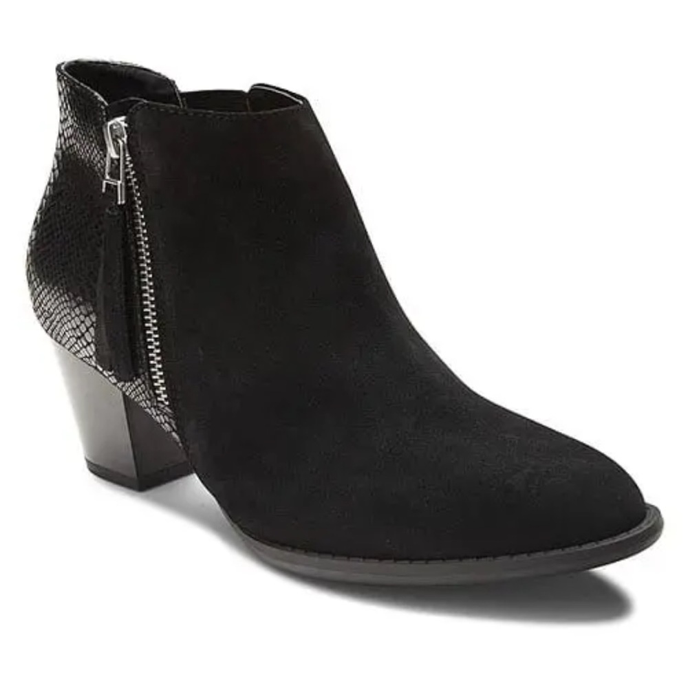 Vionic Anne Black Suede Leather Animal Print Tassel Heeled Ankle Bootie Shoe 9 W